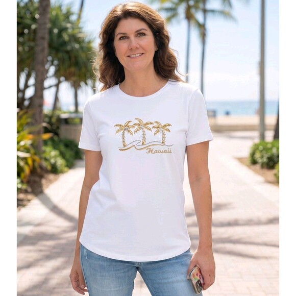 Anvil Tops - Vintage Anvil Hawaii T Shirt Size S White Embroidered Palm Trees 100% Cotton USA